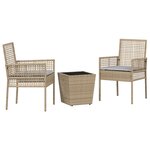 Ensemble de Bistro de Jardin 3 Pièces avec Coussins Beige en Poly Rattan