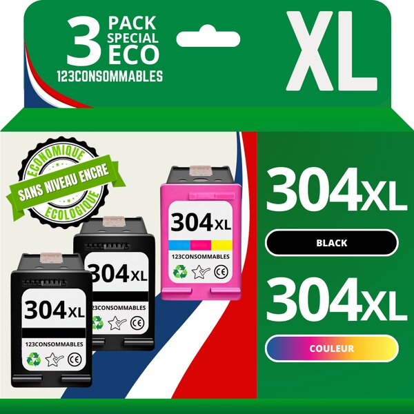 Pack 3 cartouches compatible avec HP 304 XL (2 noirs + 1 couleur) - sans niveau