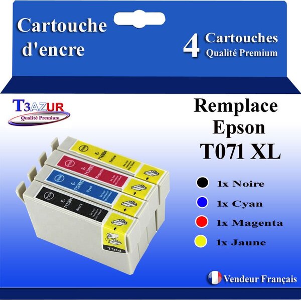 T3AZUR- 4x Cartouches Compatibles avec Epson T0711 remplace Epson Stylus Office S20 S21 SX100 SX105 SX110 SX115 SX200 SX205 SX209 SX210 SX215 SX218 SX400 SX400