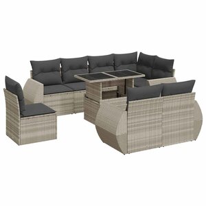 vidaXL Salon de jardin 9 Pièces avec coussins gris clair résine tressée