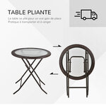 Table ronde bistro de jardin pliable dim. Ø 68 x 73H cm métal époxy résine tressée chocolat plateau verre trempé