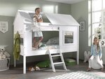 CHARLOTTE Lit cabane pin massif blanc 90x200cm + Rideaux + Sommier