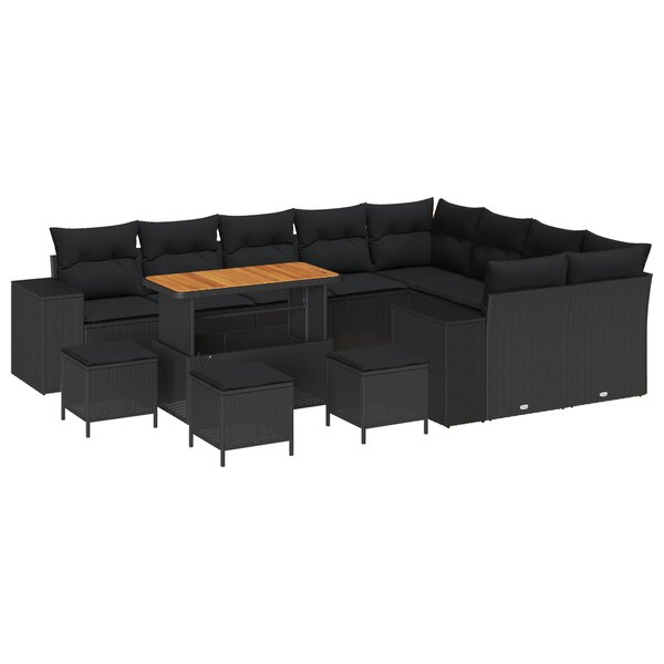 Ensemble de Canapé de Jardin 13 Pièces avec Coussins Noir Poly Rattan Acacia