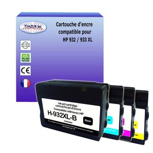 4 Cartouches compatibles avec HP OfficeJet 7512 Wide Format, 7610e, 7612 remplace HHP 932XL, HP 933XL  (Noire+Couleur)- T3AZUR