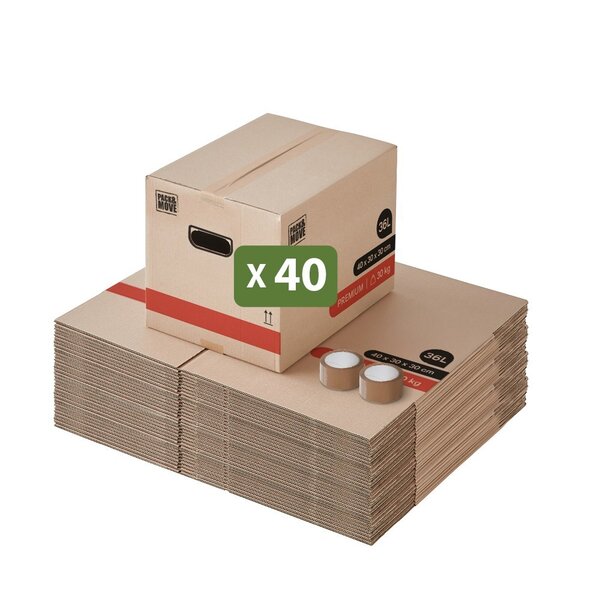 Pack and Move - Lot 40 Cartons Déménagement Livres Premium - 40 X 30 X 30 Cm - Extrême Résistance 20 KG - Poignées Renforcées - 2 Adhésifs Offerts