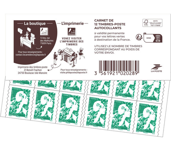 Carnet 12 timbres Marianne de l'avenir - Lettre Verte - Couverture Carré d'encre