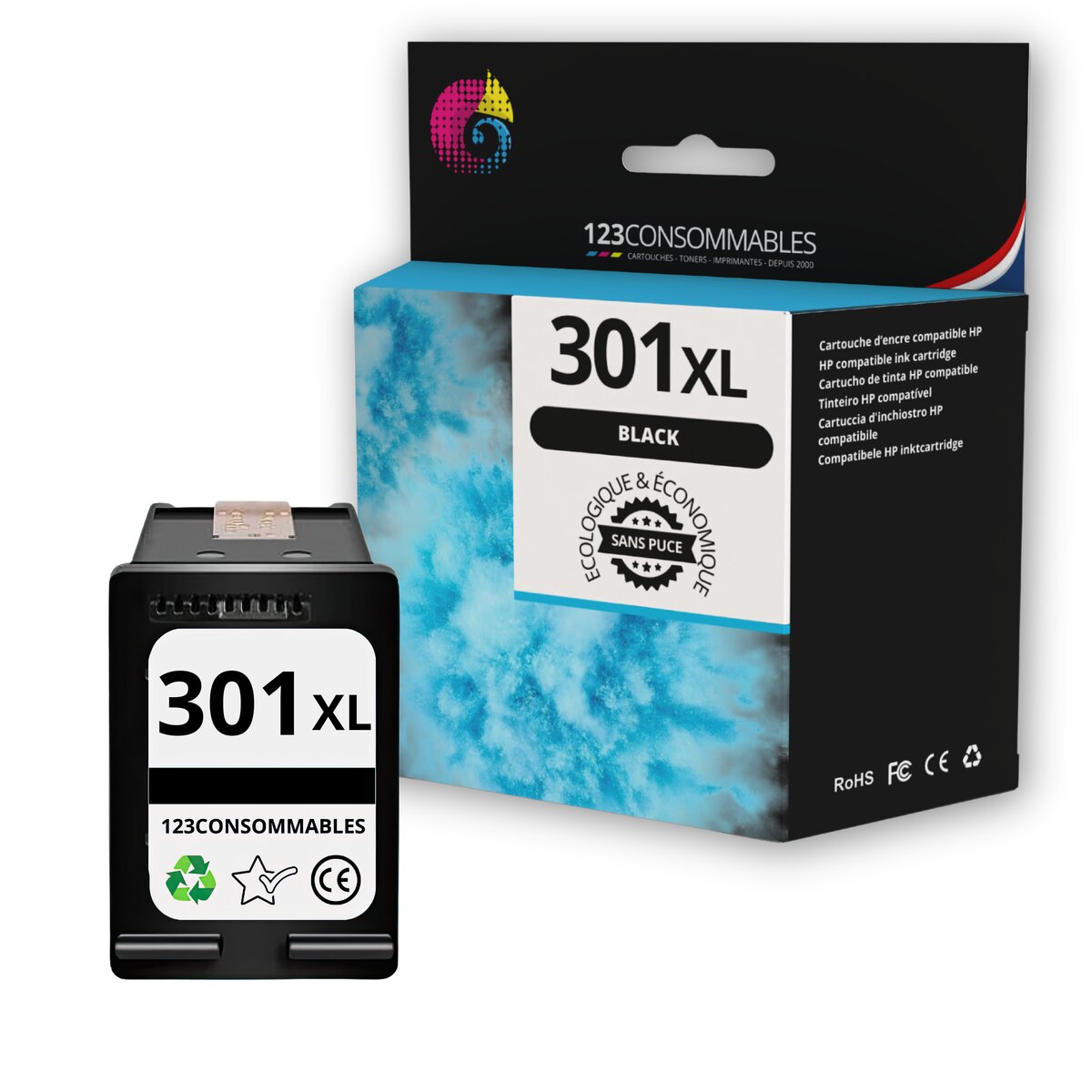 Cartouche D'encre Compatible HP 301XL Noir - Fabriquée En France, Haute Capacité, Neuve Sous Emballage