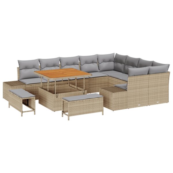 Ensemble de canapé de jardin 12 pièces avec coussins beige poly rotin acacia