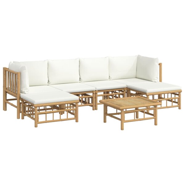 Salon de jardin meuble d'extérieur ensemble de mobilier 7 pièces avec coussins blanc crème bambou 02_0017083