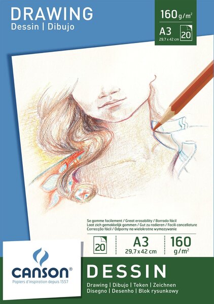 Bloc 20 feuilles papier à dessin A3 160g Blanc CANSON