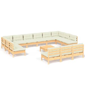 vidaXL Salon de jardin 14 Pièces avec coussins crème Bois de pin solide