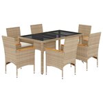 vidaXL Ensemble à manger de jardin et coussins 7 Pièces beige rotin verre