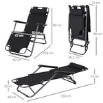 Chaise longue inclinable transat bain de soleil 2 en 1 pliant têtière amovible charge max. 136 Kg toile oxford facile d'entretien noir