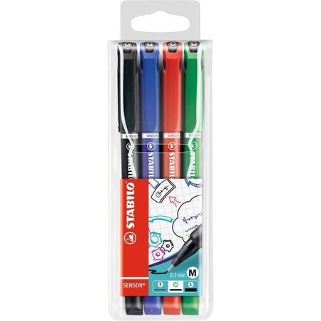Stabilo 4 stylos-feutres sensor m - pointe moyenne : noir  bleu  rouge  vert