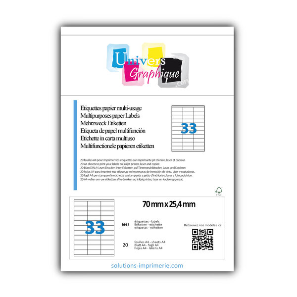 Lot de 20 planches a4 de 33 étiquettes à bords vifs 70 x 25 4 mm en papier blanc 70g/m² multifonction