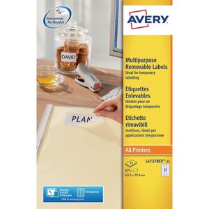 Étiquettes amovibles multi-usage pour imprimantes, 63,5 x 29,6 mm, 25 feuilles, 27 étiquettes par feuille, auto-adhésives, blanc (paquet 675 unités)