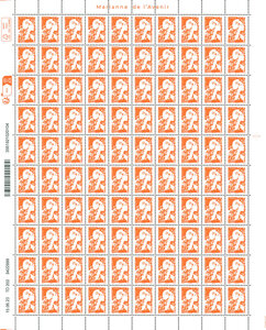 Feuille 100 timbres Marianne de l'avenir  - Complément affranchissement 1€ - Orange