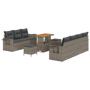Ensemble de Canapé de Jardin 10 Pièces avec Coussins Gris en Poly Rotin Acacia
