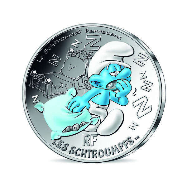 Monnaie de 10 euro argent colorisée le schtroumpf paresseux