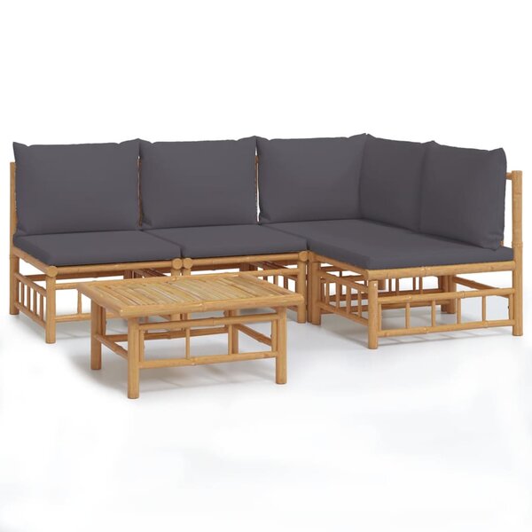 vidaXL Salon de jardin 5 Pièces avec coussins gris foncé bambou