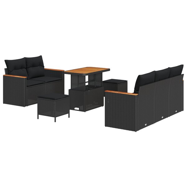Set de canapé de jardin 8 pièces avec coussins noir rotin synthétique acacia