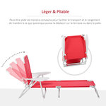 Bain de soleil pliable - transat inclinable 4 positions - chaise longue grand confort avec accoudoirs - métal époxy textilène - dim. 160L x 66l x 80H cm - rouge