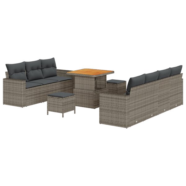 Ensemble de Canapé de Jardin 10 Pièces avec Coussins Gris Poly Rattan Acacia
