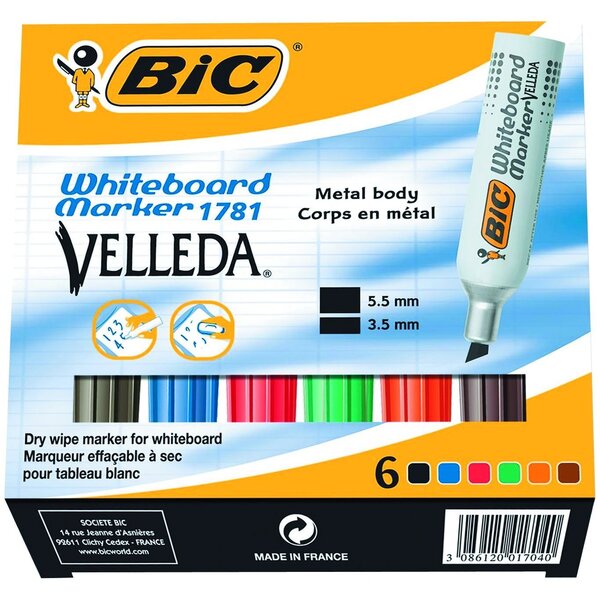 Etui de 6 feutres pour tableau blanc effaçable à sec 1781 pointe biseau large VELLEDA