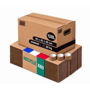 Pack and Move - Lot 60 cartons déménagement XL - 80 x 40 x 40 cm - Poignées renforcées - 3 adhésifs offerts