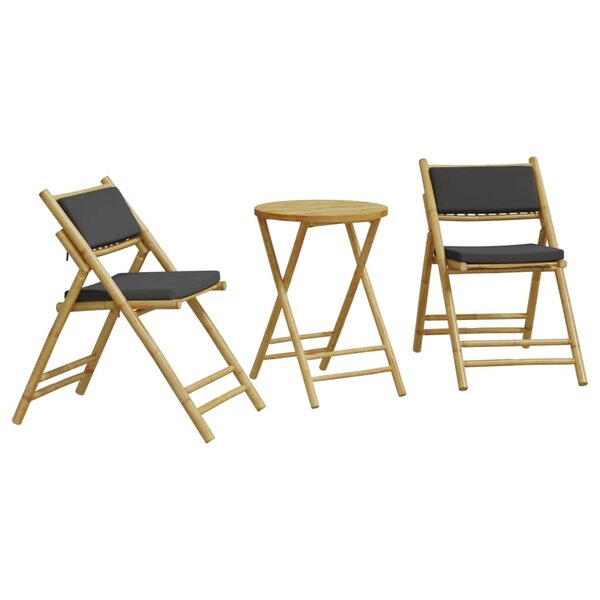 vidaXL Ensemble de bistro pliante 3 Pièces et coussins gris foncé bambou