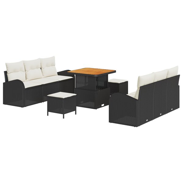 vidaXL Ensemble de sofa de jardin 9 pièces avec coussins noirs en poly rattan d'acacia