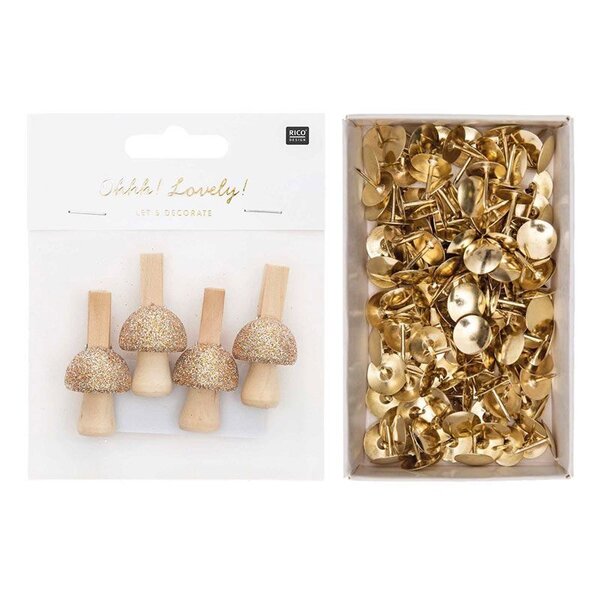 4 pinces champignons bois pailletées dorées + 150 punaises dorées