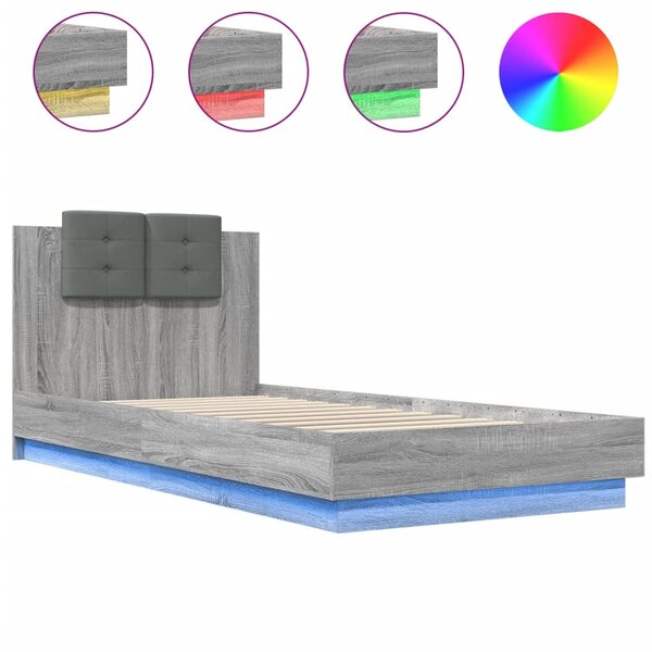 vidaXL Cadre de lit tête de lit et lumières LED sonoma gris 90x200 cm