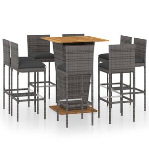 vidaXL Ensemble de bar de jardin 9 Pièces et coussins Résine tressée Gris
