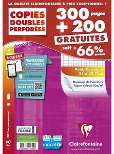 Pack 300 + 200 Copies doubles perforées A4 quadrillé 5x5, blanc CLAIREFONTAINE