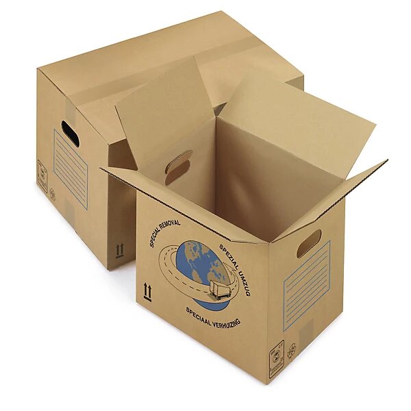 Lot de 200 Caisses carton de déménagement simple cannelure avec poignées raja 55x35x30 cm