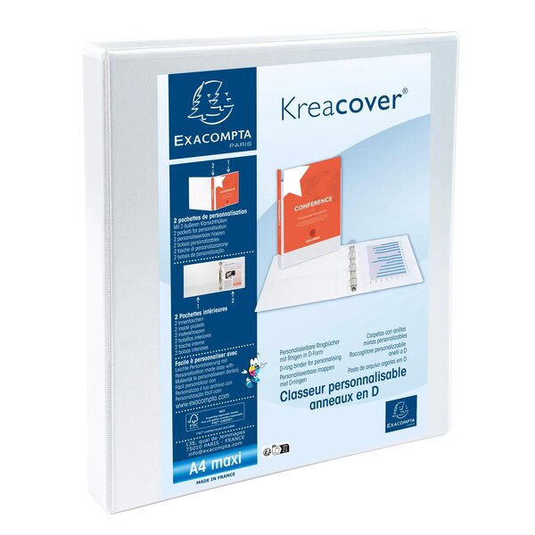 Classeur Personnalisable Rigide 2 Poches Kreacover - 4 Anneaux En D 16mm - A4 Maxi - Blanc - Exacompta
