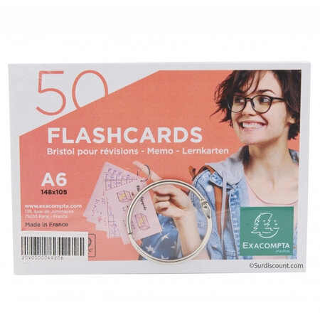 50 fiches bristols blanches - a6 148 x 105 mm + 1 anneau métallique - flashcards - exacompta