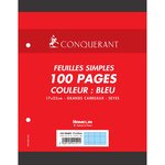 Feuilles Simples 17x22cm Seyès 100 Pages 80g Grands Carreaux Sous Film Bleues CONQUÉRANT
