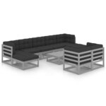 vidaXL Salon de jardin 10 Pièces avec coussins Gris Bois de pin massif