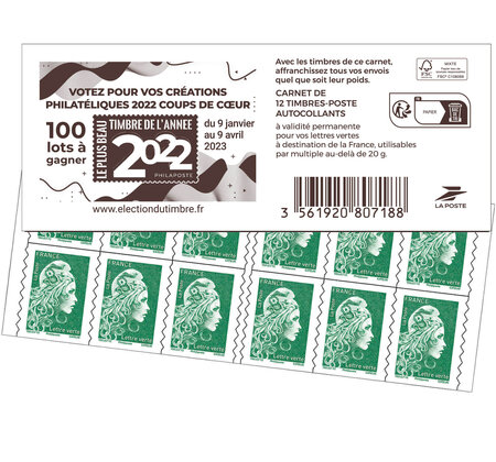 Carnet 12 timbres Marianne l'engagée - Lettre Verte - Couverture Election Le plus beau timbre de l'année 2022