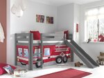 Lit Enfant Surélevé Avec Toboggan Pino 90x200cm Gris + Rideau de lit Pompiers