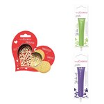 Kit pour biscuit en relief Coeur + 2 Stylos au chocolat vert clair et violet