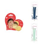 Kit pour biscuit en relief Coeur + 2 Stylos au chocolat bleu nuit et vert d'eau