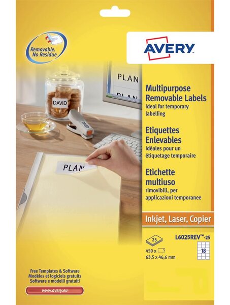 L6025rev-25 - 450 étiquettes enlevables blanches 63,5x46,6 avery