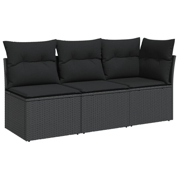 vidaXL Canapé de jardin avec coussins 3 places en polyrotin noir