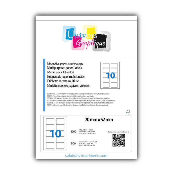 Lot de 500 planches a4 de 10 étiquettes à bords ronds 70 x 52 mm en papier blanc 70g/m² multifonction