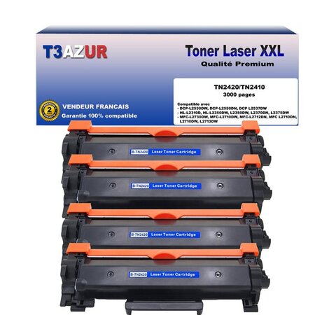 4 Toners compatibles avec Brother TN2420 pour Brother DCP-L2510D  L2512D  L2550DN  L2530DW  L2537DW - 3 000 pages - T3AZUR