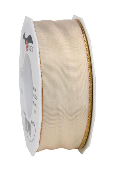 Ruban de soie avec bordure doré manhattan 25-m-rouleau 40 mm créme
