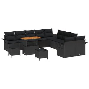 vidaXL Canapé de jardin 13 pièces avec coussins Noir Poly Rotin Acacia